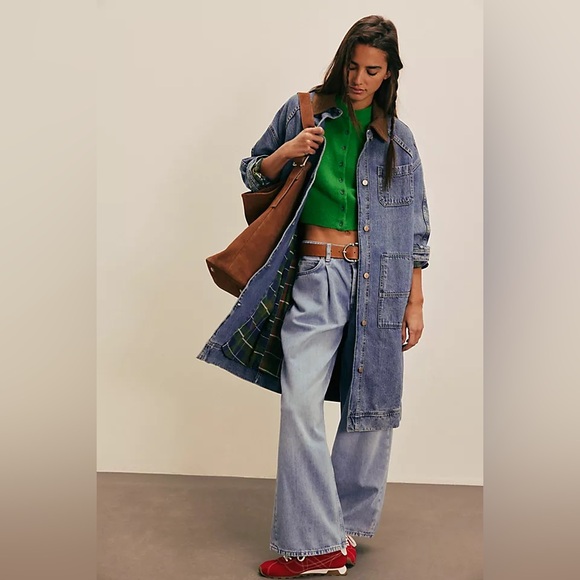 Vintage 80’s Denim Long Duster Blue Pink Plaid Lined Long Coat Sz L Jean Heavy - Picture 9 of 17